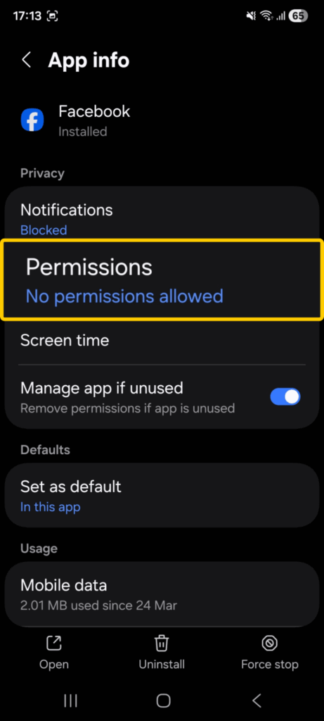 A screenshot  showing how to access App Permissions on Android