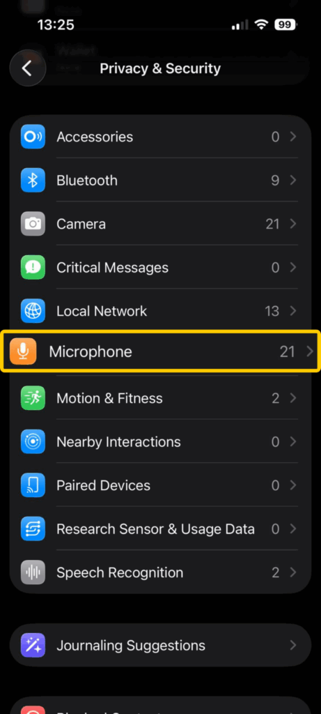 Screenshot highlighting Microphone settings on iOS