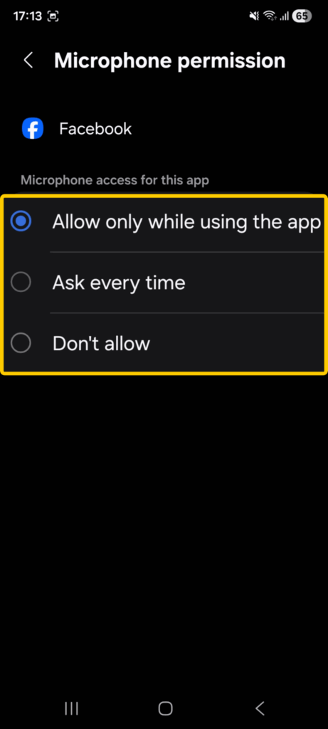 A screenshot showing how to disallow Microphone access on Android