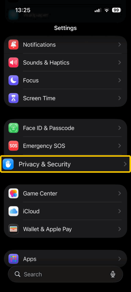 Screenshot highlighting the Privacy & Security settings on iOS
