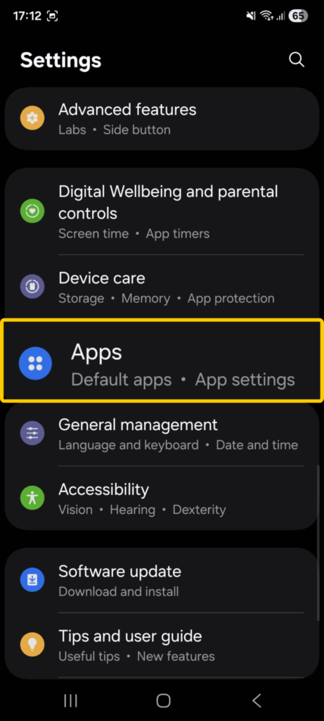 A screenshot showing how to access Apps settings on Android