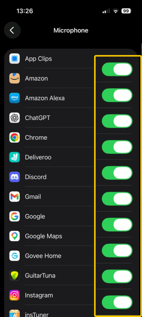 Screenshot highlighting how to turn off microphone permissions for apps on iOS