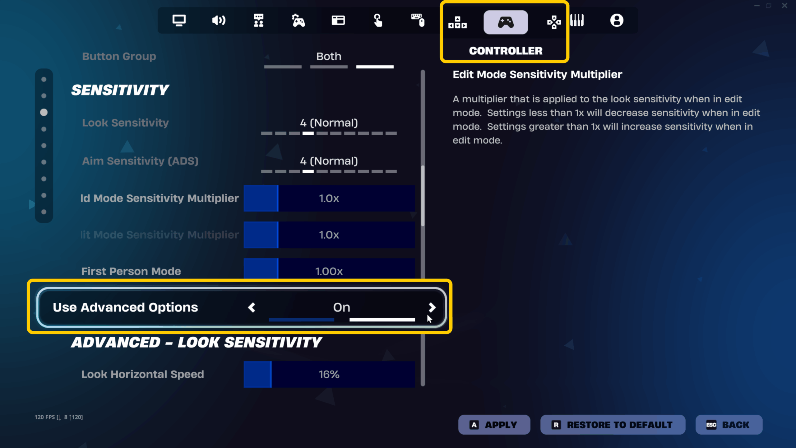 screenshot  of Use Advanced Options enabled in Fortnite
