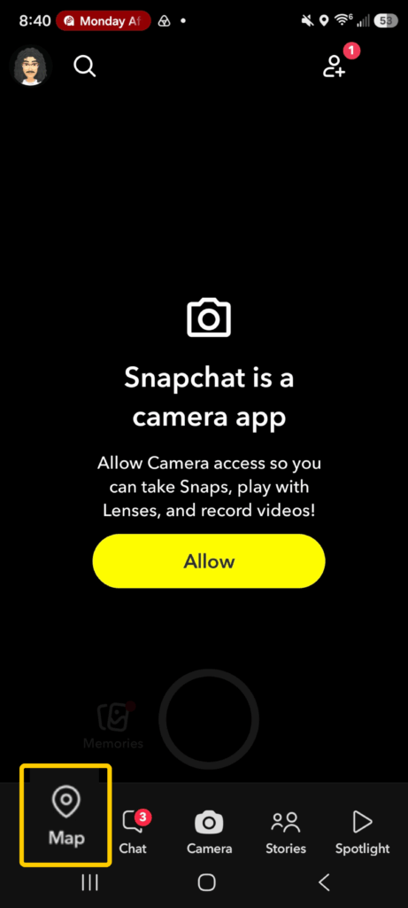 A snapshot of Snapchat app showing how to access Snap Maps