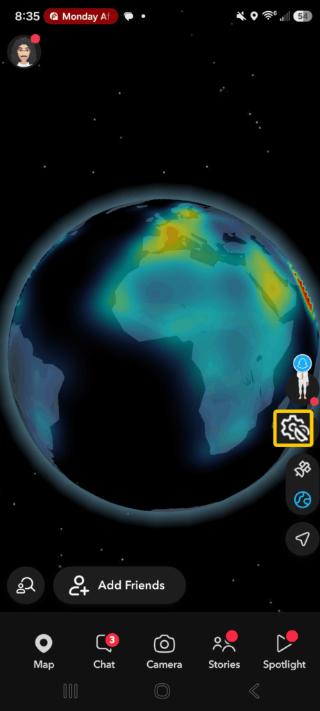 A snapshot of Snapchat app showing how to access Snap Map settings