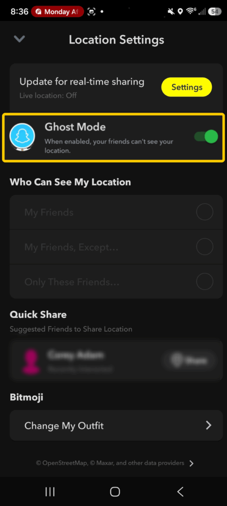A screenshot of Snapchat app showing how to turn on Ghost Mode in Snap Map settings