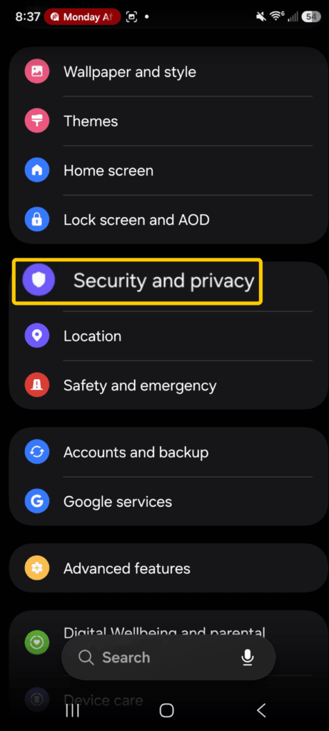 A snapshot of Android settings showing the Security and privacy menu