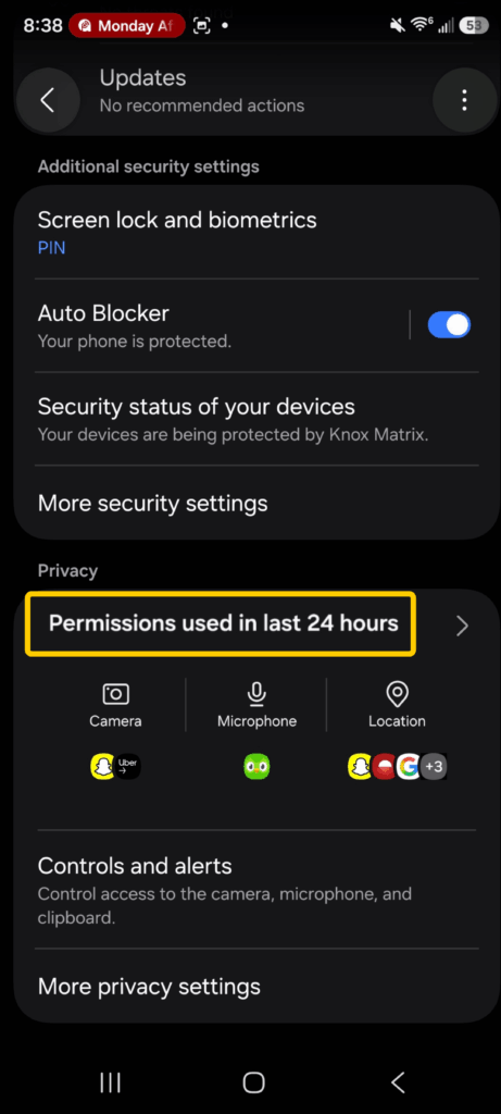 A screenshot of Android security and privacy settings showing app permission usage options
