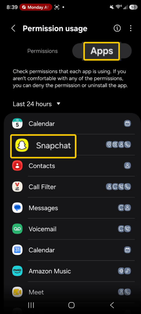 Screenshot of an Android phone's app permissions page higlighting the Snapchat app