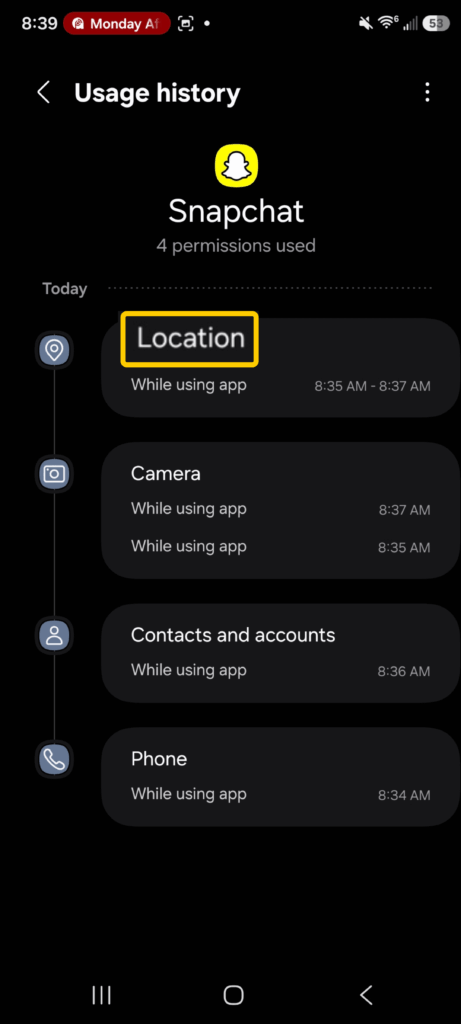 Screenshot of Snapchat permissions on an Android phone highlighting the location permissions