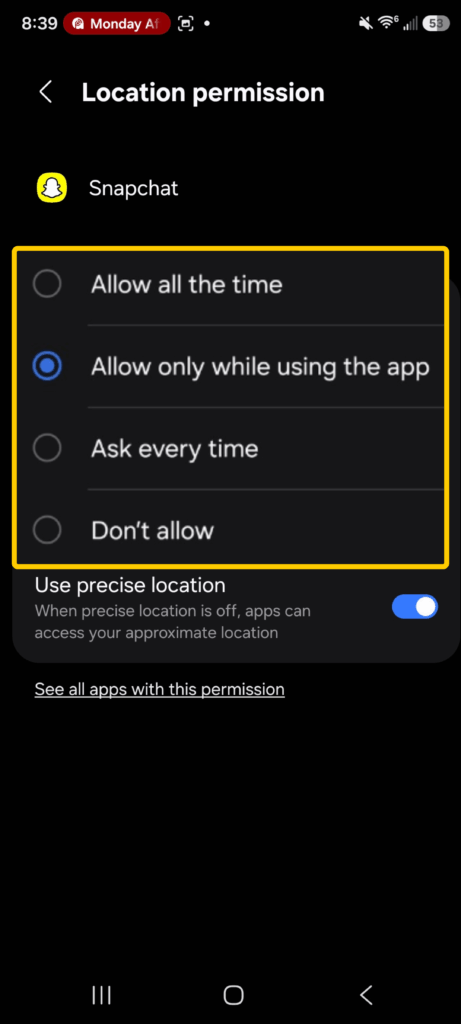 Screenshot of Snapchat's location permissions on an Android phone
