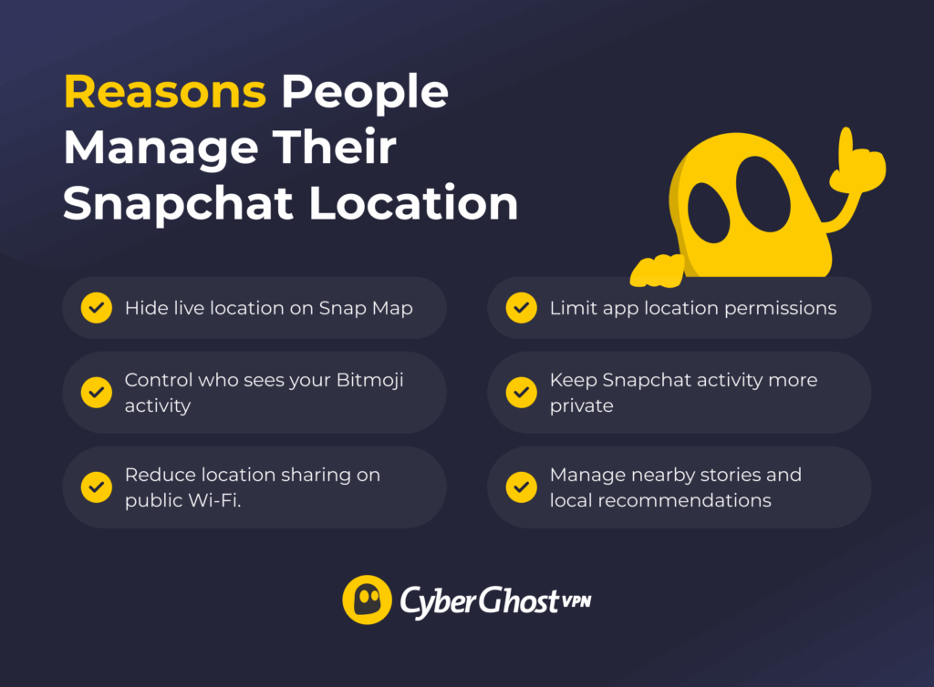 Infographic showing common reasons people manage Snapchat location settings