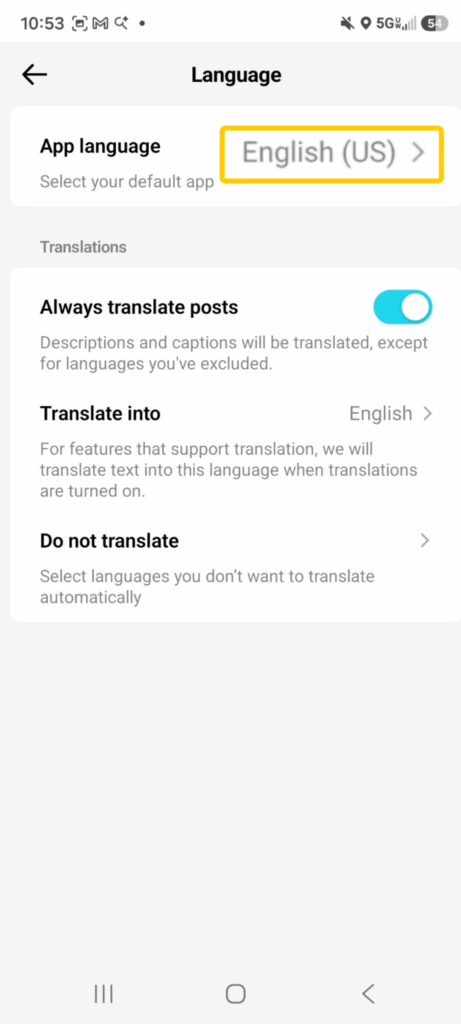 A snapshot of the TikTok Language settings page on an Android device showing how to change the app language