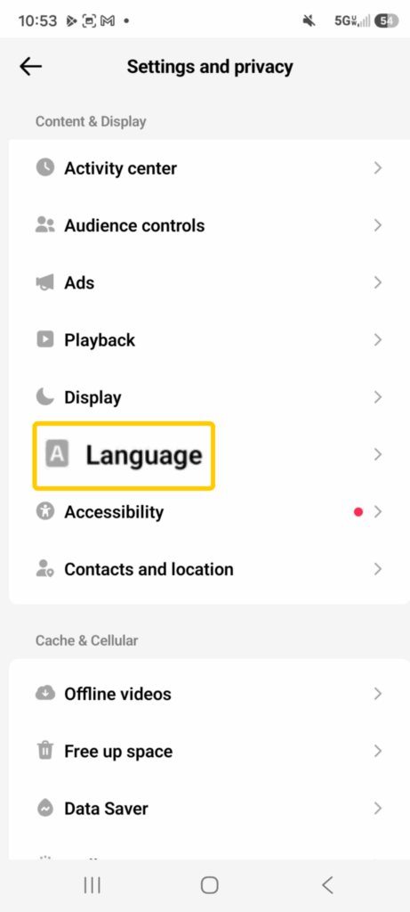 A snapshot of the TikTok Settings and Privacy page on an Android device showing how to access the Language settings.