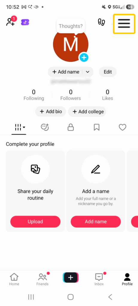 A snapshot of an Android TikTok app showing how to access your profile and then Menu
