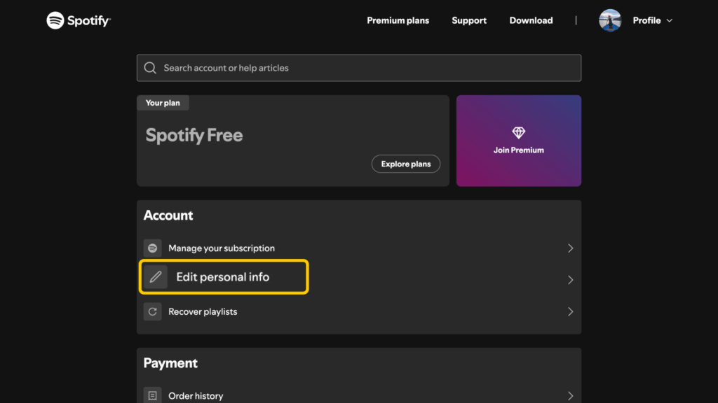 Screenshot highlighting how to edit personal information on Spotify.