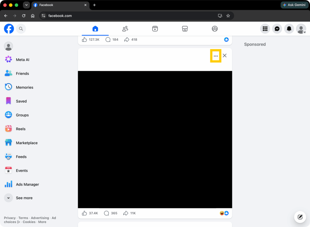 Facebook post with the three-dot menu highlighted to access reporting options.