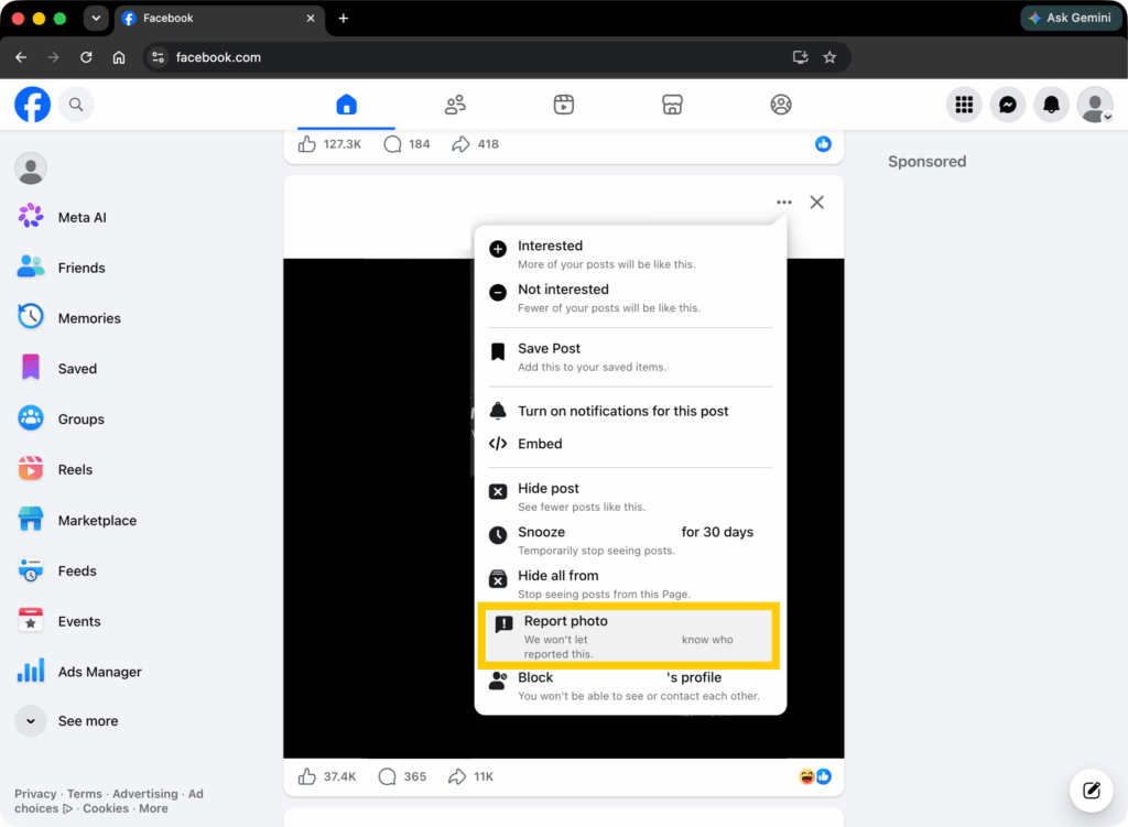 Facebook post menu with the Report photo option selected.