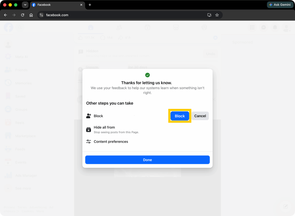 Facebook confirmation screen with the option to Block the reported account.