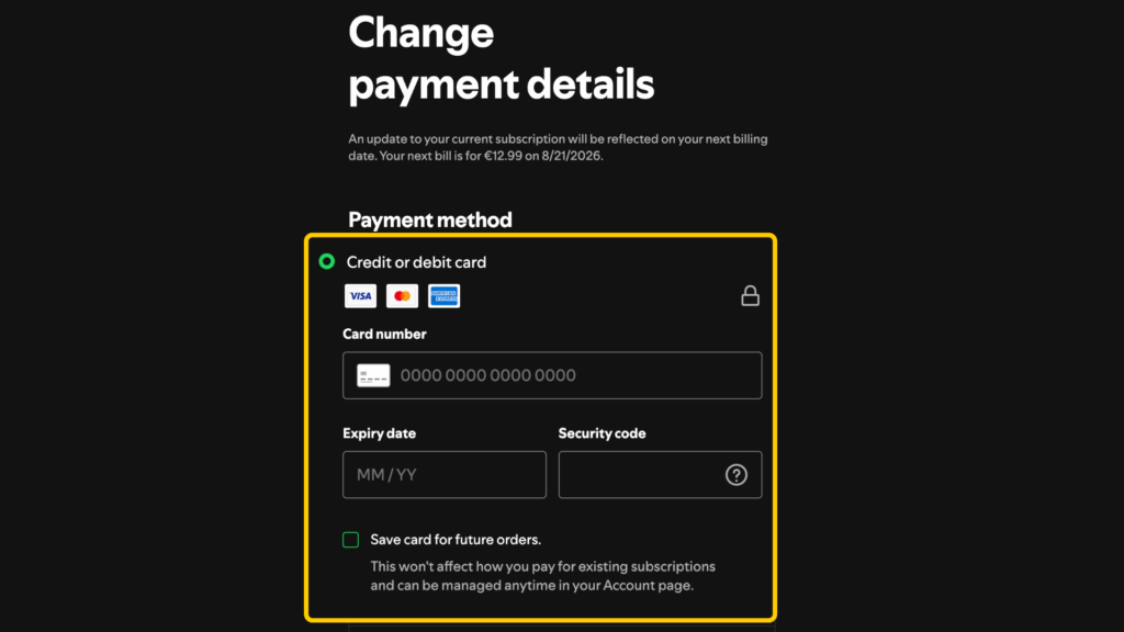 Screenshot highlighting where to enter new payment details on Spotify.