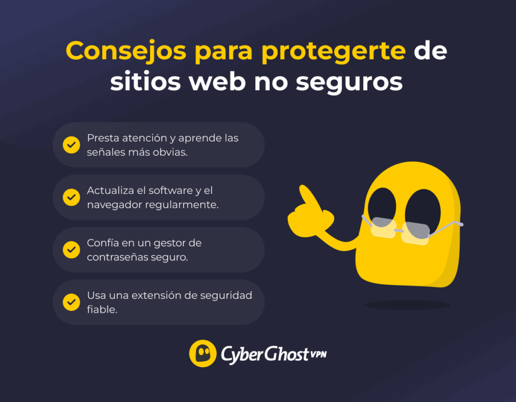 Infografía con una lista de consejos para que los usuarios eviten los sitios web no seguros.