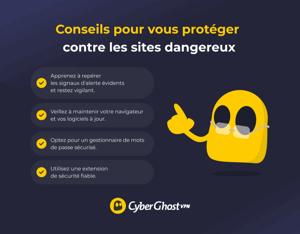 Infographie présentant des conseils que les utilisateurs peuvent suivre pour éviter les sites dangereux.