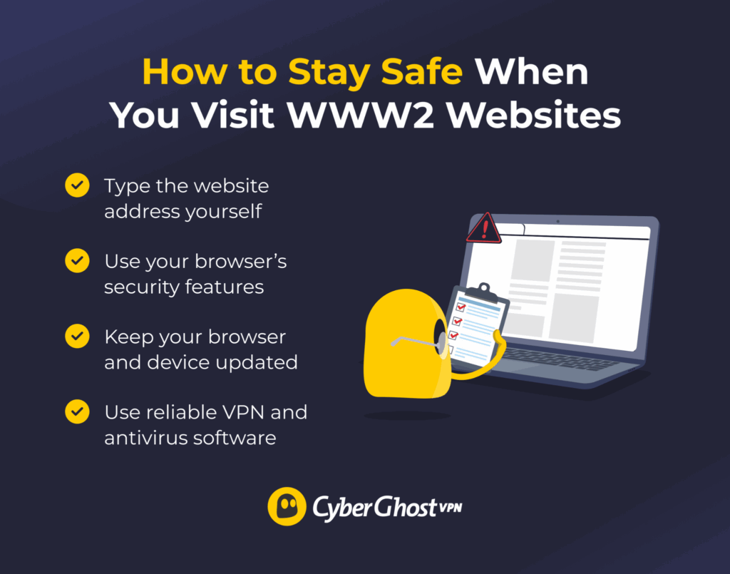 An illustration showing a checklist of safety tips for visiting WWW2 websites.