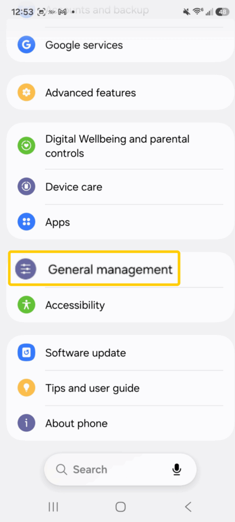 Screenshot of an Android Phone's settings menu highlighting the General management button