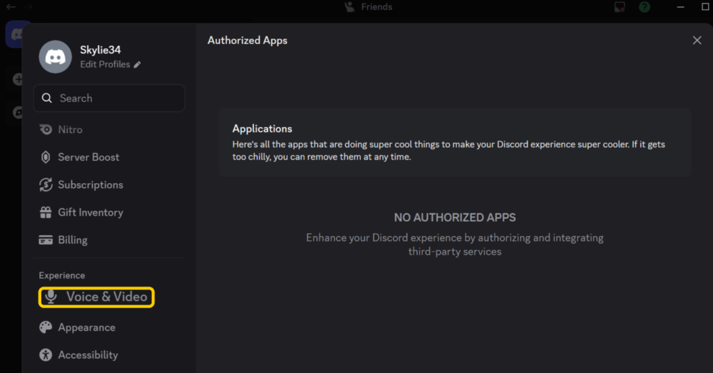 A screenshot of Discord dashboard showing how to access Voice and Video