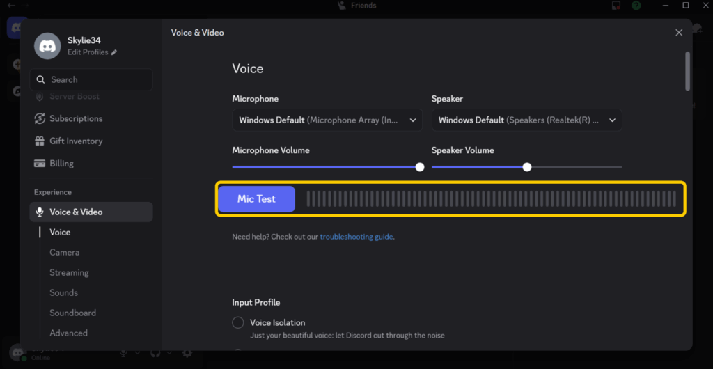 A screenshot of Discord dashboard showing how to check Mick function
