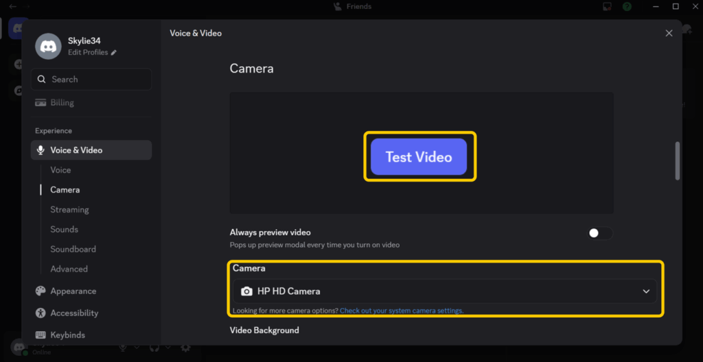 A screenshot of Discord dashboard showing how to adjust Camera and Video settings