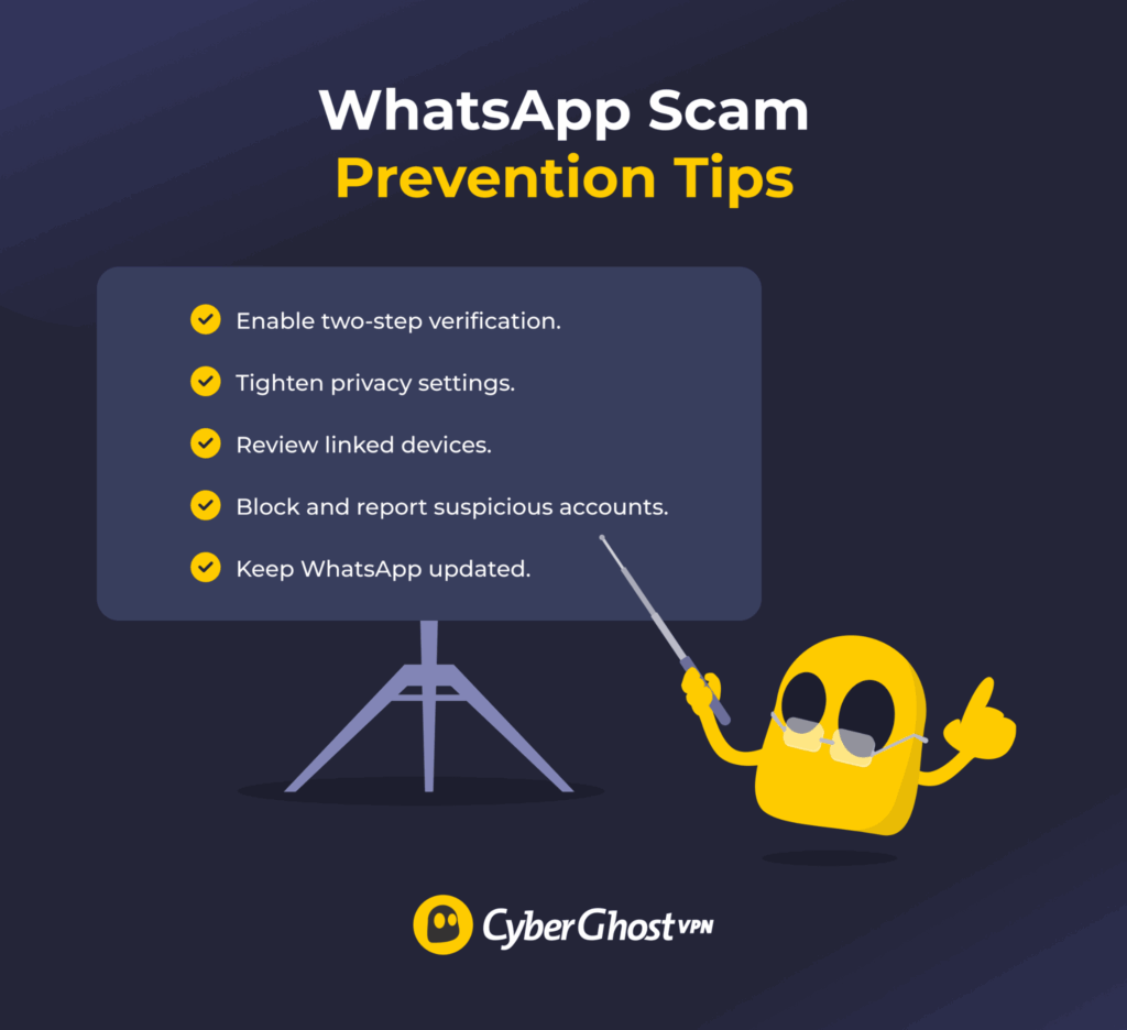 An infographic showing key WhatsApp settings and safety steps users can take to protect themselves against scams.