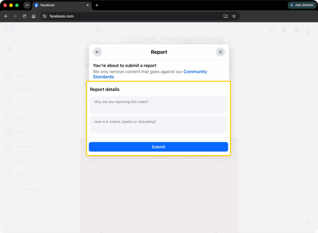 Facebook report form asking for report details before submitting.