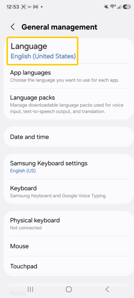 Screenshot of an Android phone's general management tab highlighting the Language button