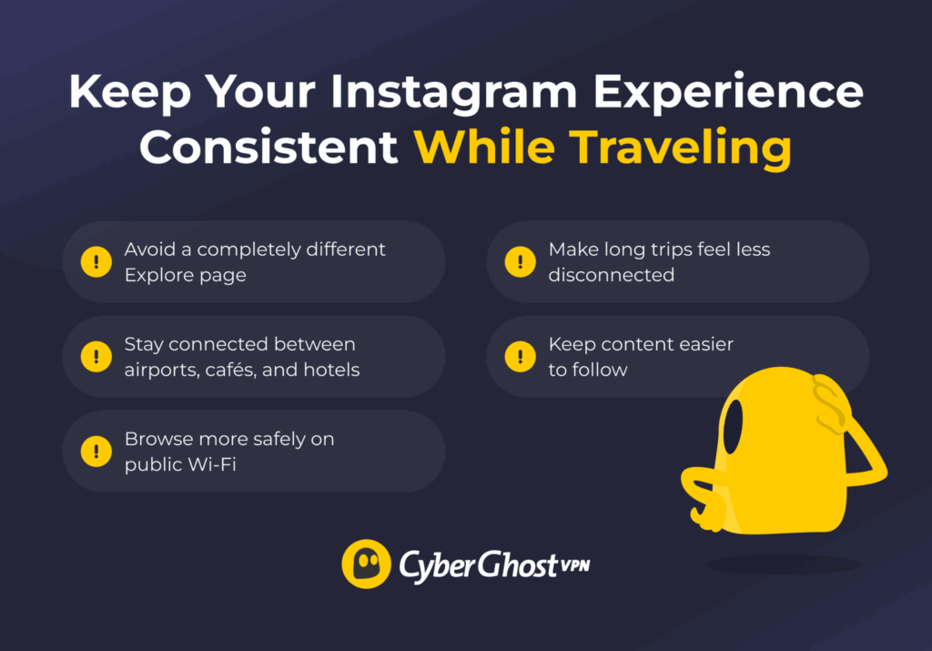 Infographic showing common reasons Instagram recommendations and Explore page content may change while traveling abroad.