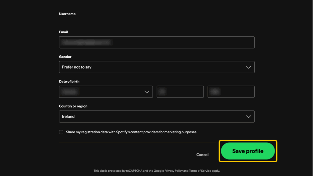 Screenshot highlighting how to save changes to a Spotify account.