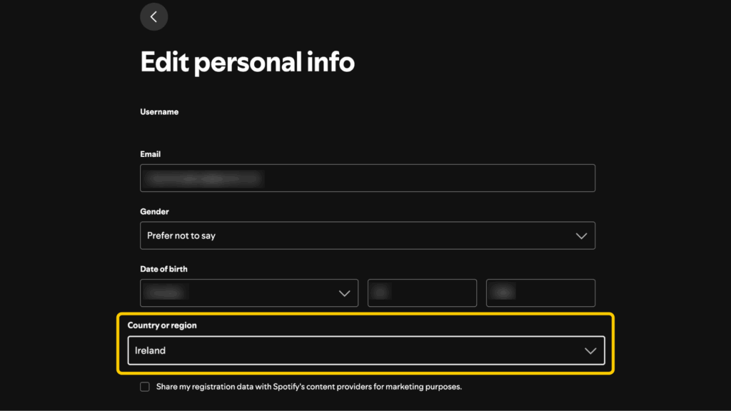 Screenshot highlighting how to change a country or region on Spotify.
