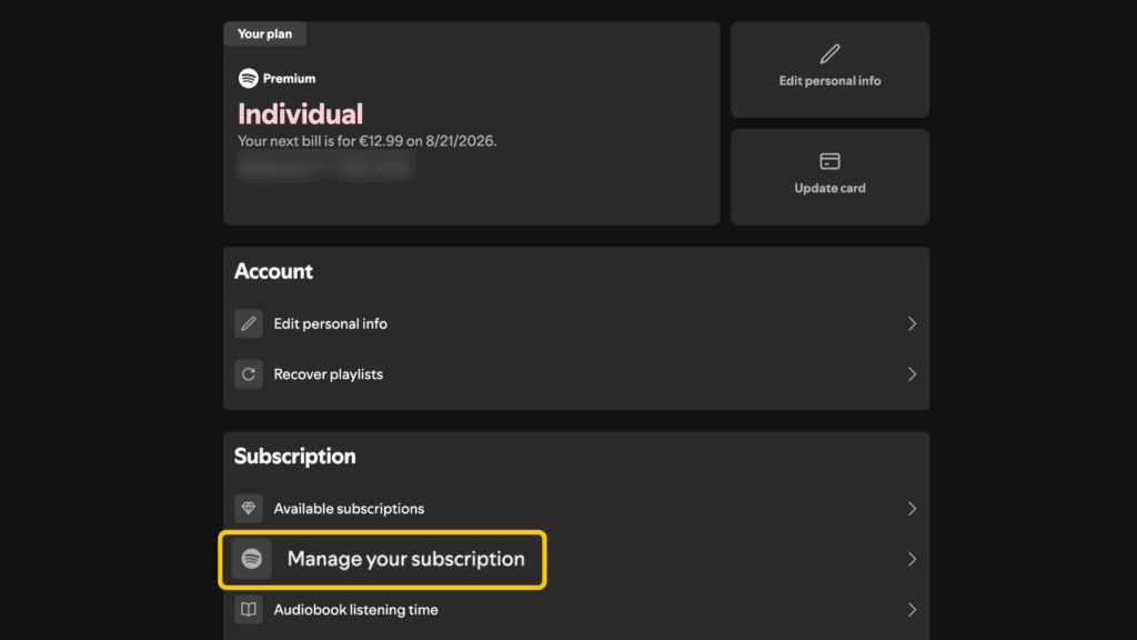 Screenshot highlighting how to manage a Spotify subscription.