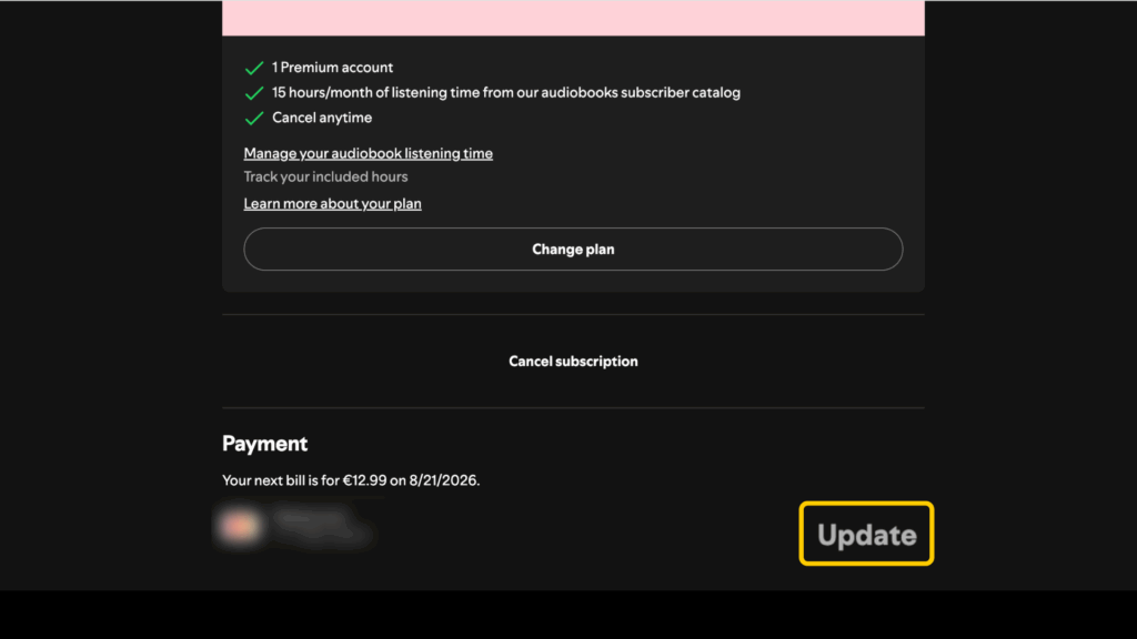 Screenshot highlighting how to update payment method on Spotify.