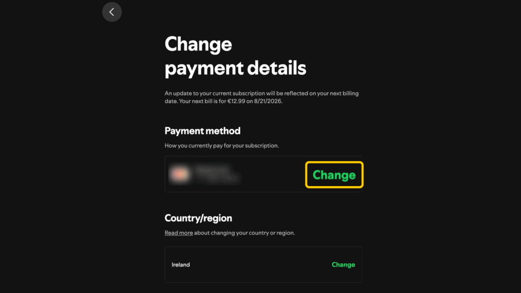 Screenshot highlighting how to change a payment method on Spotify.