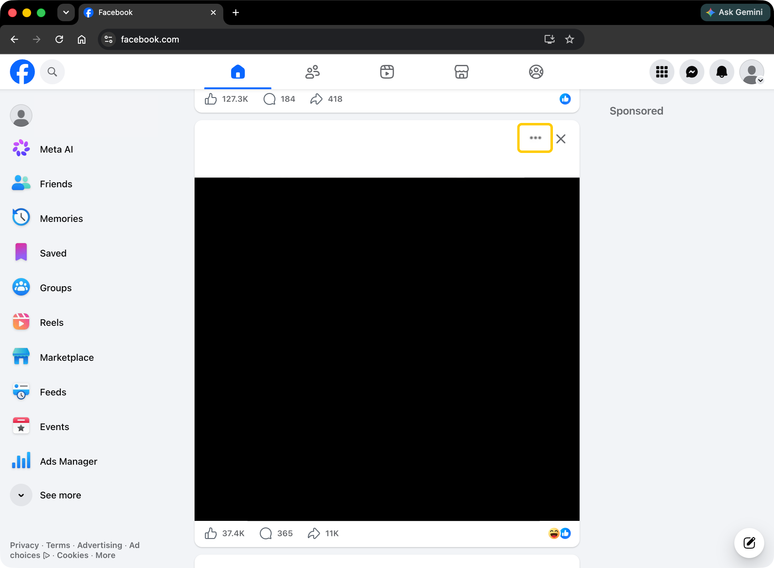 Facebook post with the three-dot menu highlighted to access reporting options.
