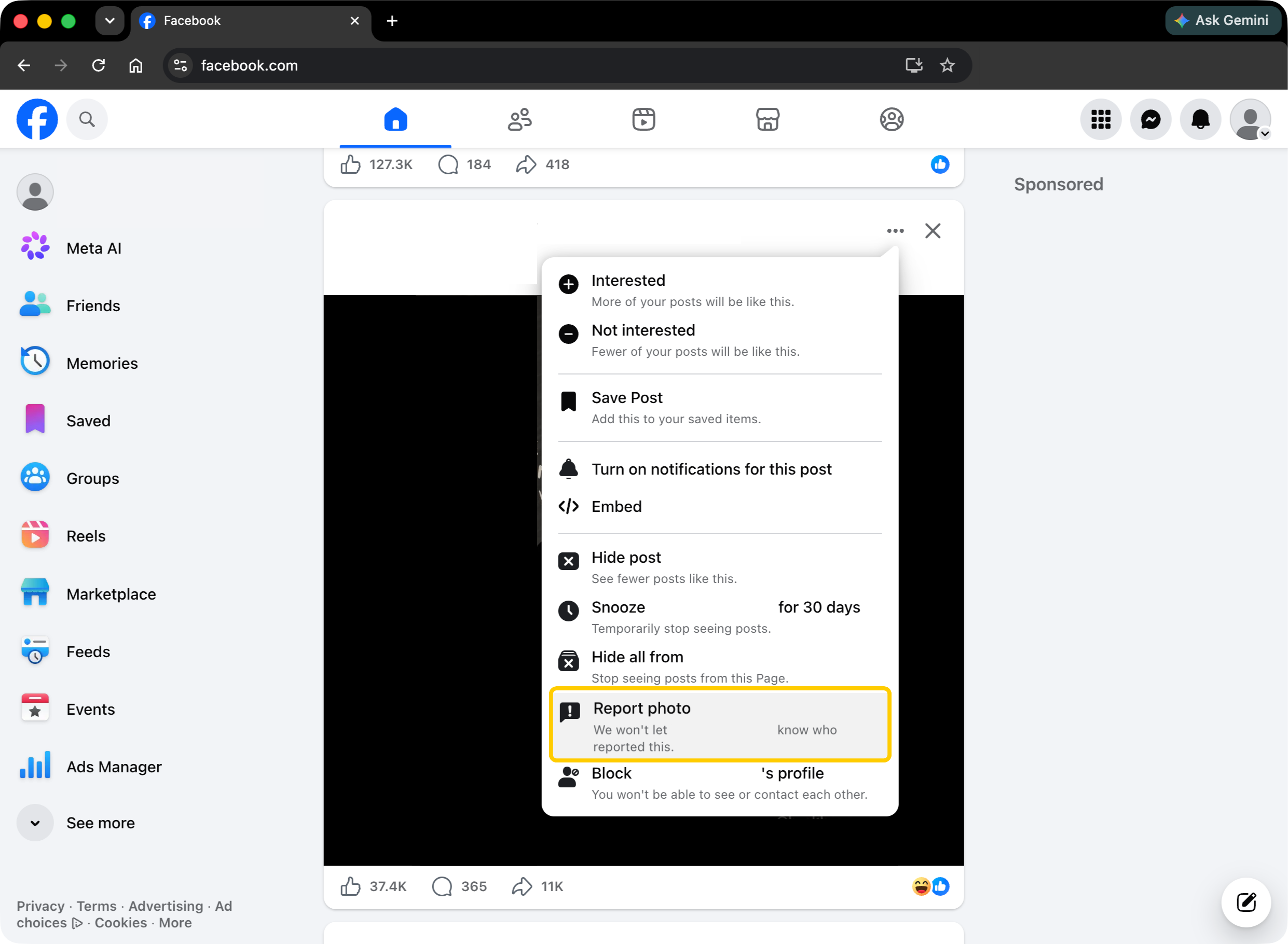 Facebook post menu with the Report photo option selected.