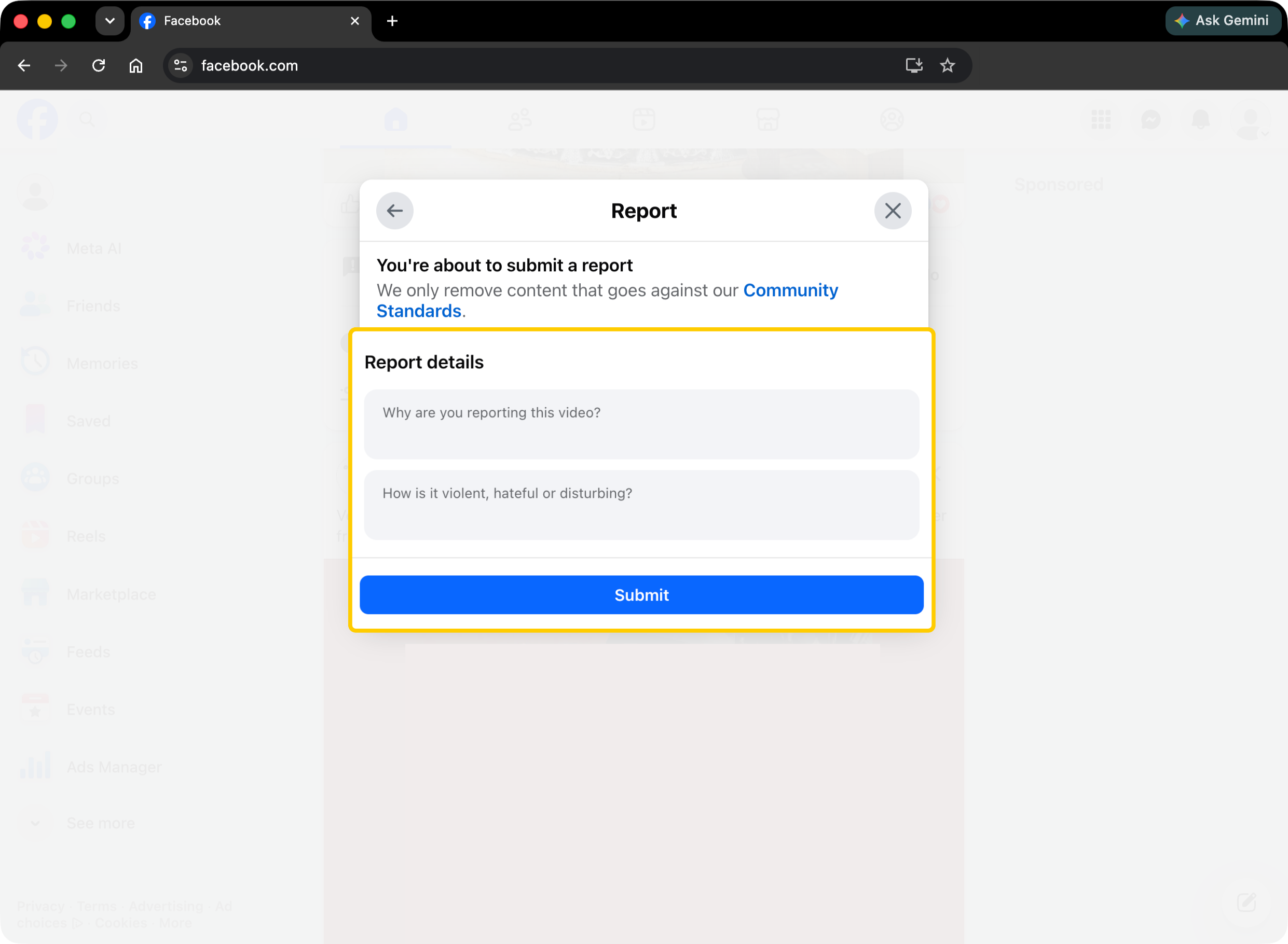 Facebook report form asking for report details before submitting.