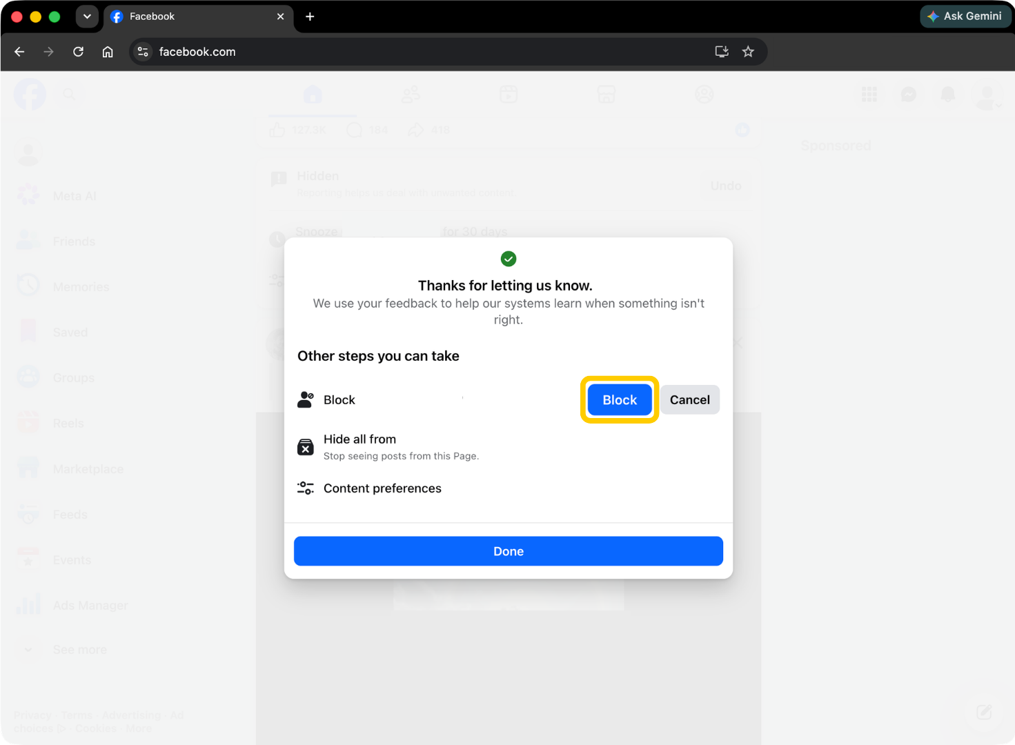 Facebook confirmation screen with the option to Block the reported account.