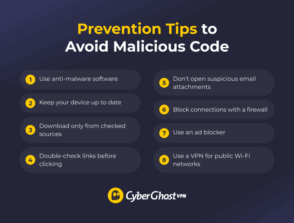 An infographic listing important security-conscious habits that users can adopt to reduce the risk of downloading malicious code.