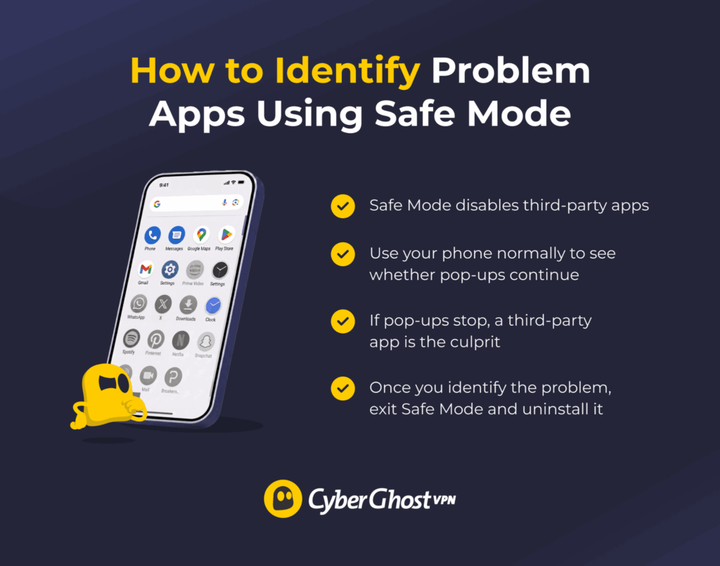 Illustration showing how Safe Mode isolates apps to identify which one causes pop-up ads.