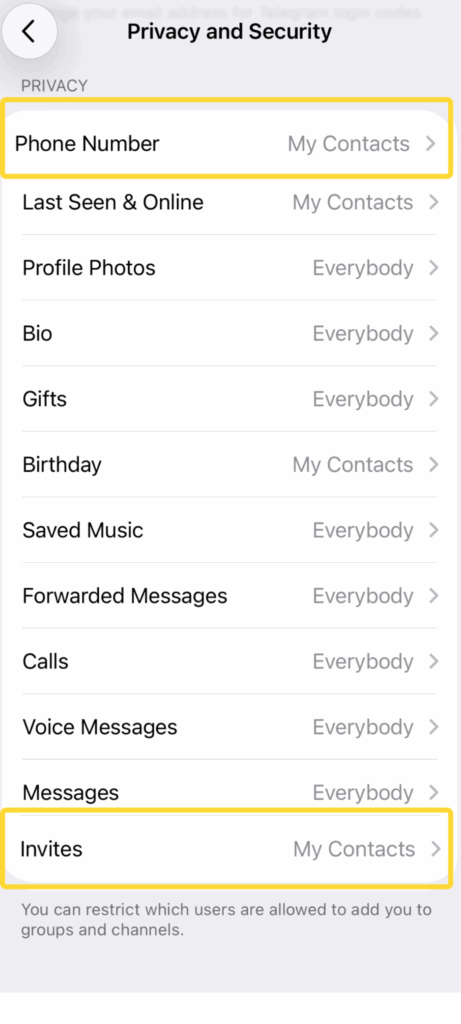 Screenshot of phone number hidden and restricting invites enabled in Privacy and Security Settings.