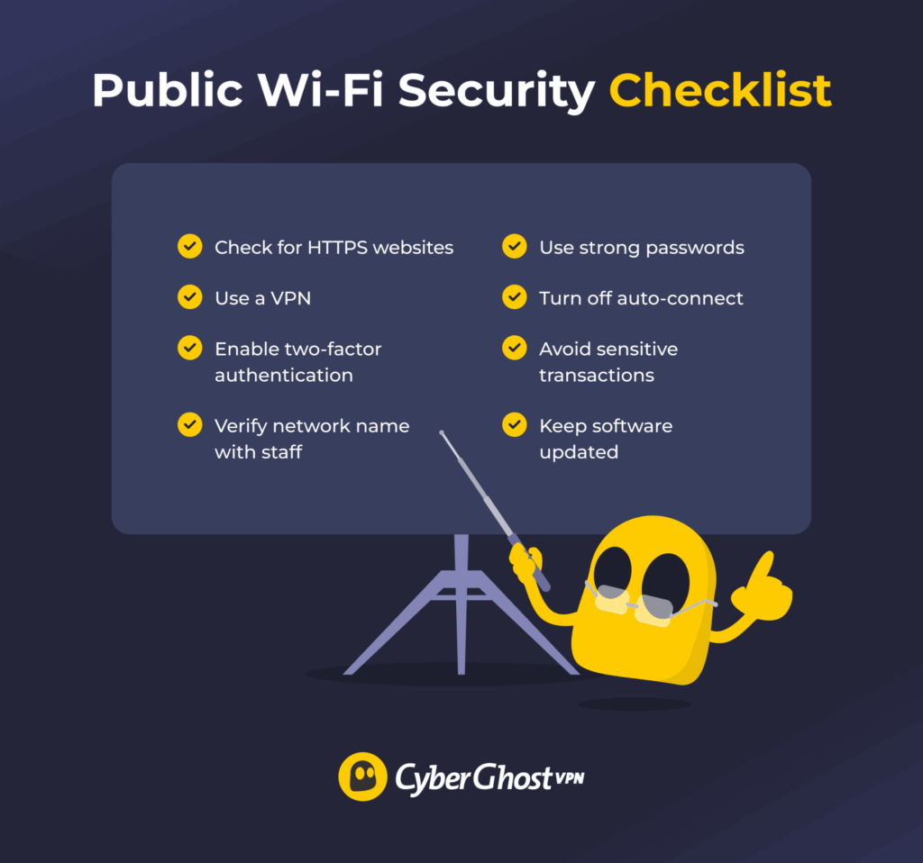 Checklist infographic showing security practices for staying safe on public Wi-Fi networks.