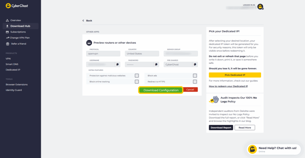 CyberGhost manual setup page showing OpenVPN configuration download, username, and password.