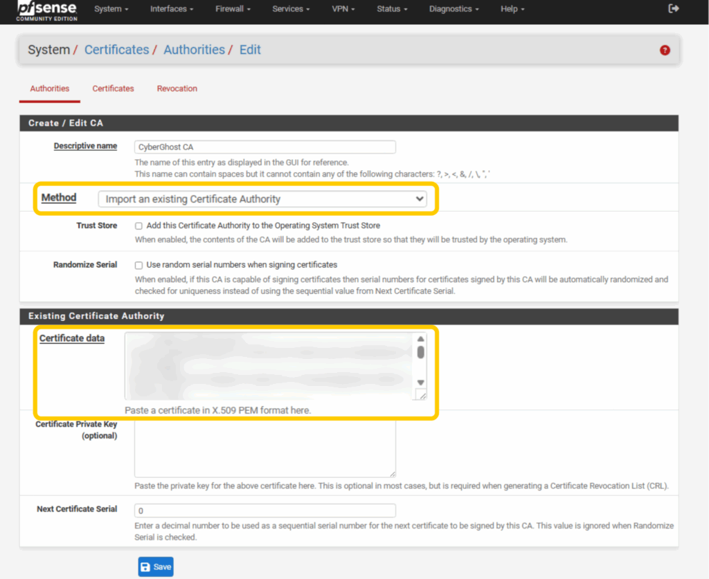 Certificate Authority import page in pfSense showing the Import an existing Certificate Authority method with the certificate data pasted into the Certificate Data field.